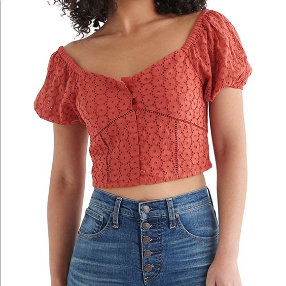 Lucky Brand Red Eyelet Button Front Peasant Puff Sleeve Shirt Tandori Spice - Picture 2 of 12